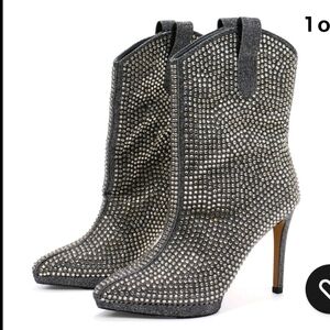 NWT Jessica Simpson Rhinestone Cowboy Style Silver Heeled Booties Sz 6